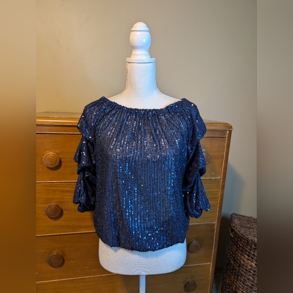 CeCe Sequined Blouse Women's Small Navy  Blouson Tiered Sleeve NWT - Picture 5 of 15